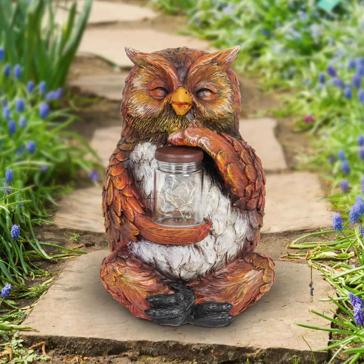 Solar Owl Garden Statue Holding a Glass Jar with Eight LED Firefly String Lights, 7 by 10 Inches