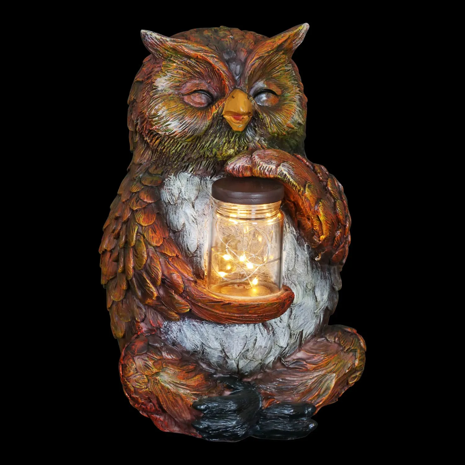 Solar Owl Garden Statue Holding a Glass Jar with Eight LED Firefly String Lights, 7 by 10 Inches