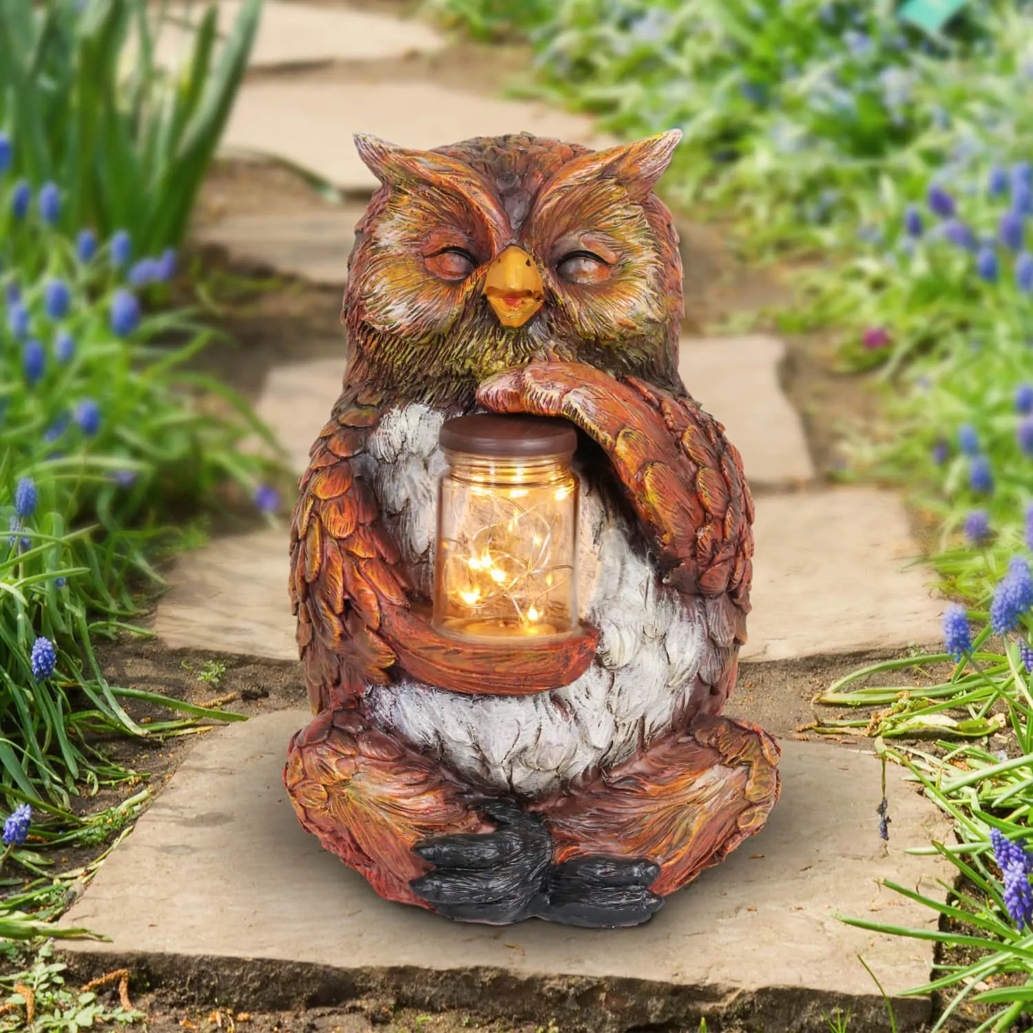 Solar Owl Garden Statue Holding a Glass Jar with Eight LED Firefly String Lights, 7 by 10 Inches