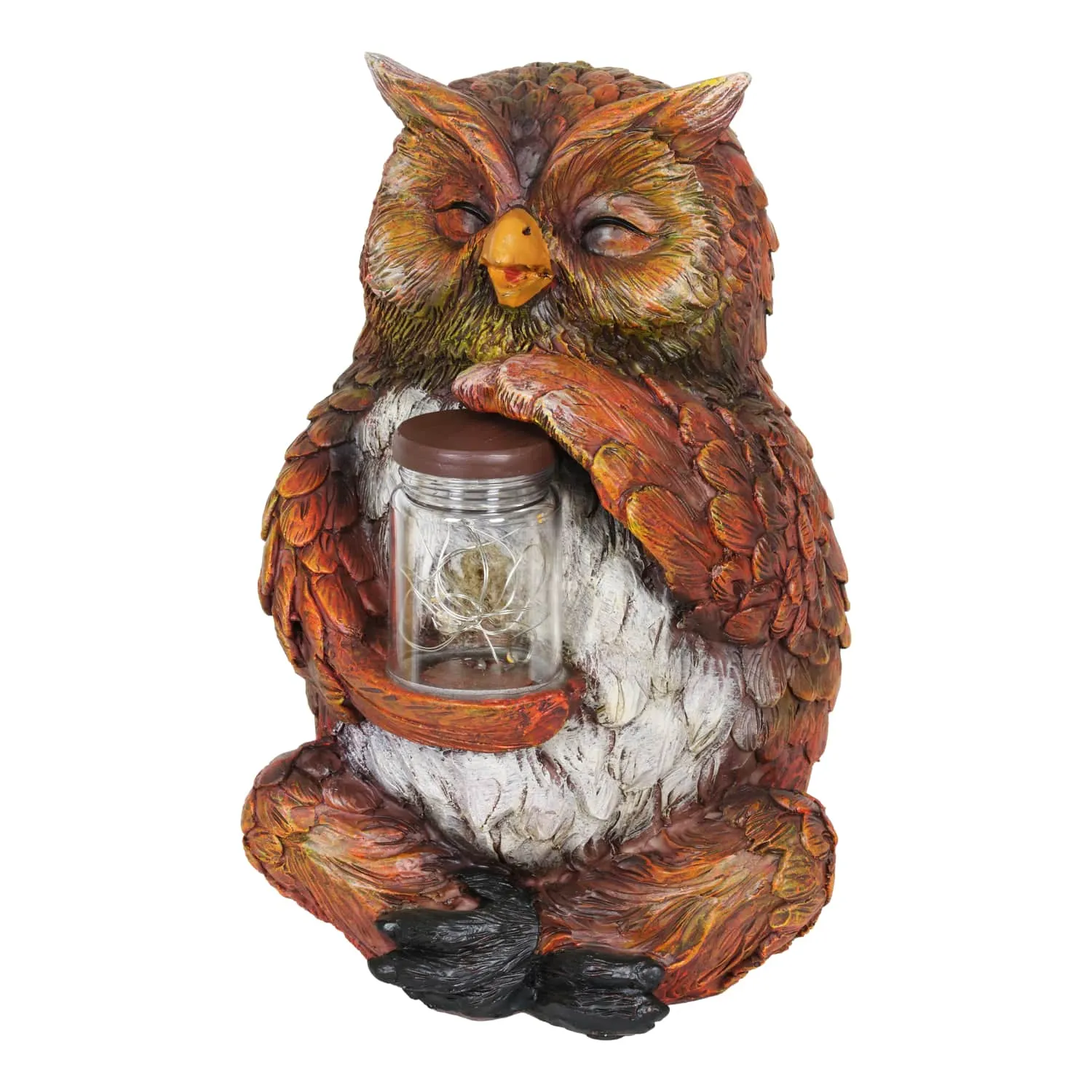 Solar Owl Garden Statue Holding a Glass Jar with Eight LED Firefly String Lights, 7 by 10 Inches