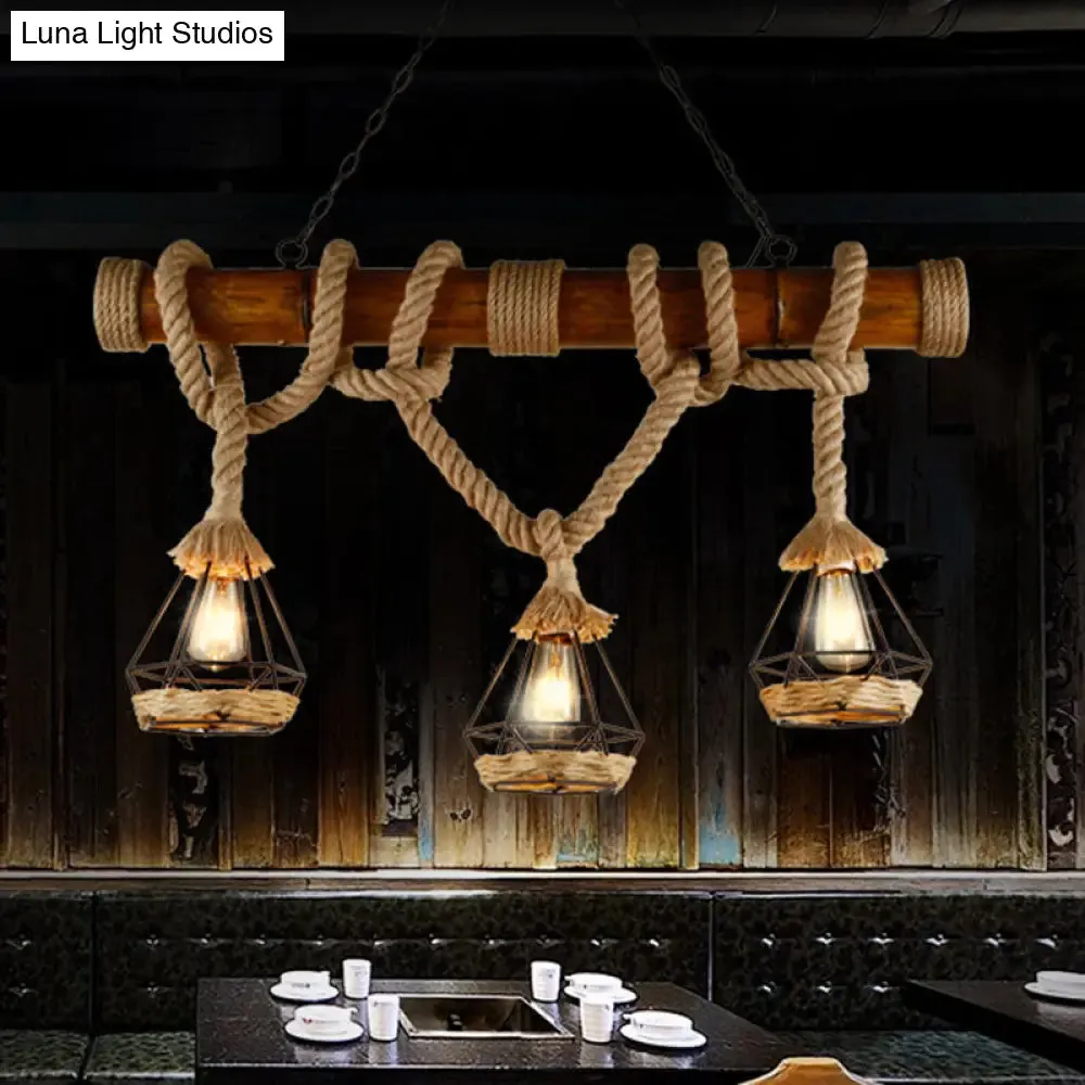 Sophie's Rustic 3-Light Island Pendant with Beige Hemp Rope Shade for Restaurant Suspension Light