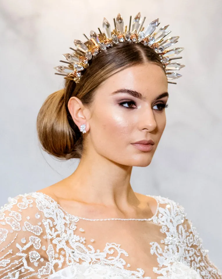 Special daintier version of bridal headpiece - Showstopper crystal spike crown with rose gold and gold - Courtney by Kezani