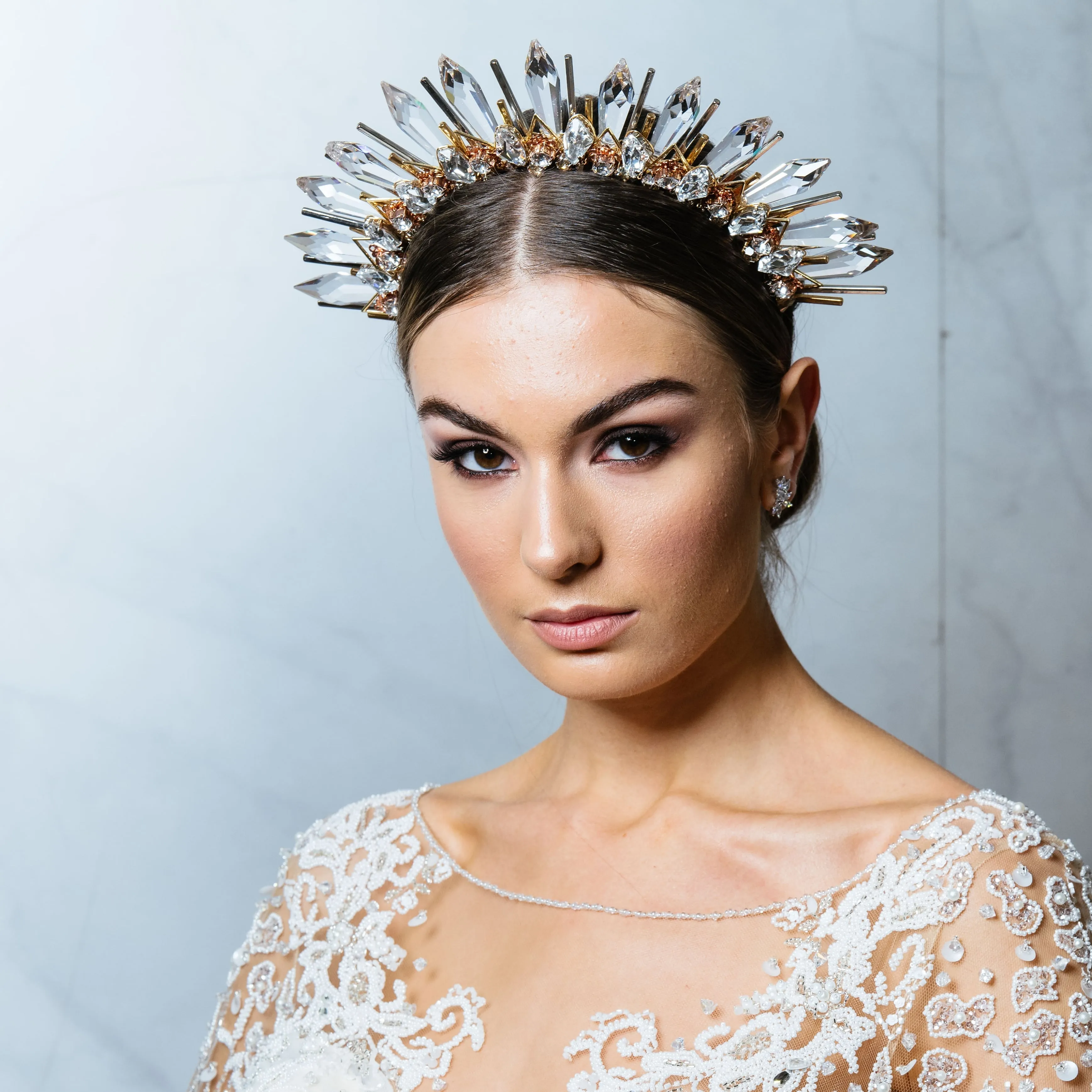 Special daintier version of bridal headpiece - Showstopper crystal spike crown with rose gold and gold - Courtney by Kezani