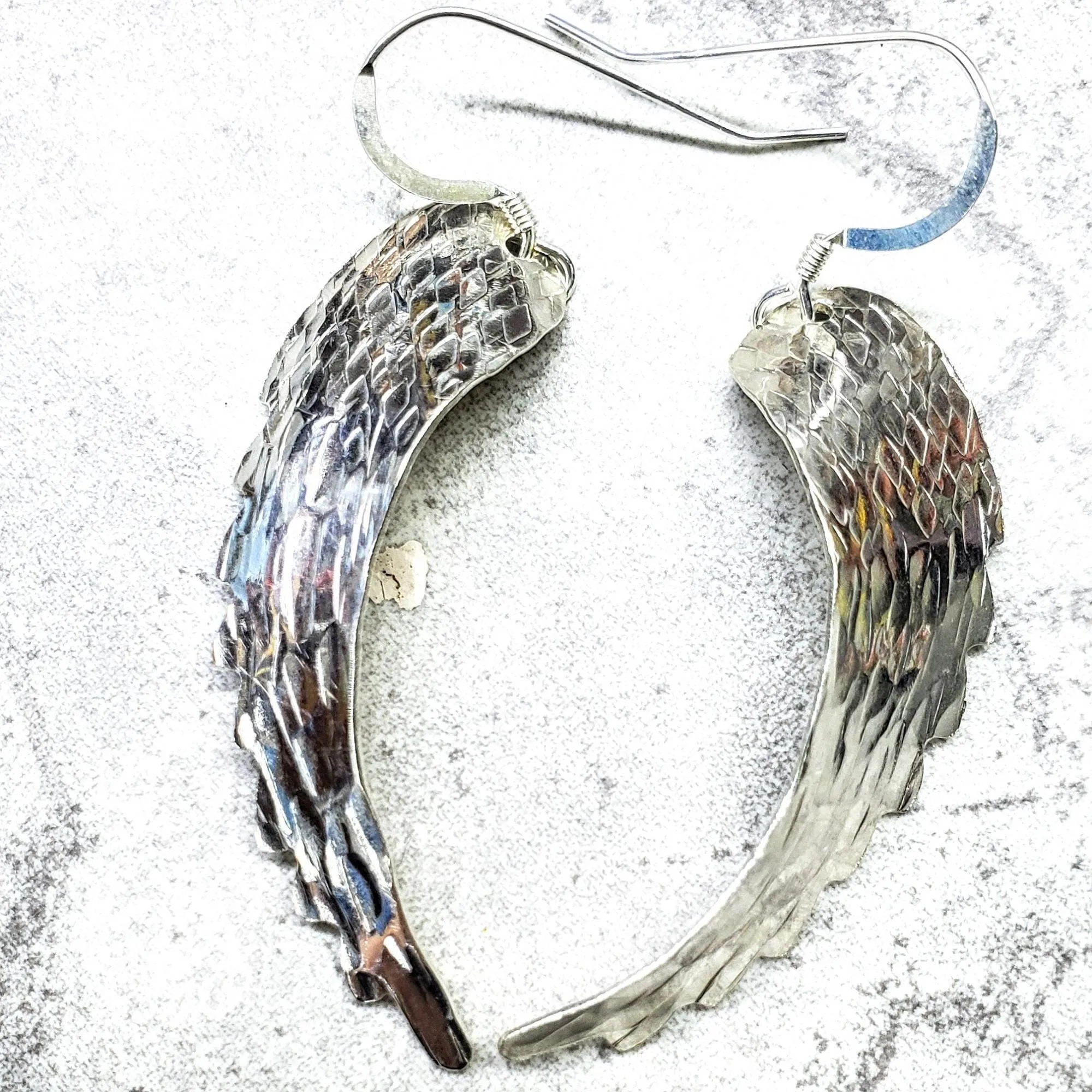 Sterling Silver Hammer Pattern Sculpted Angel Wing Earrings