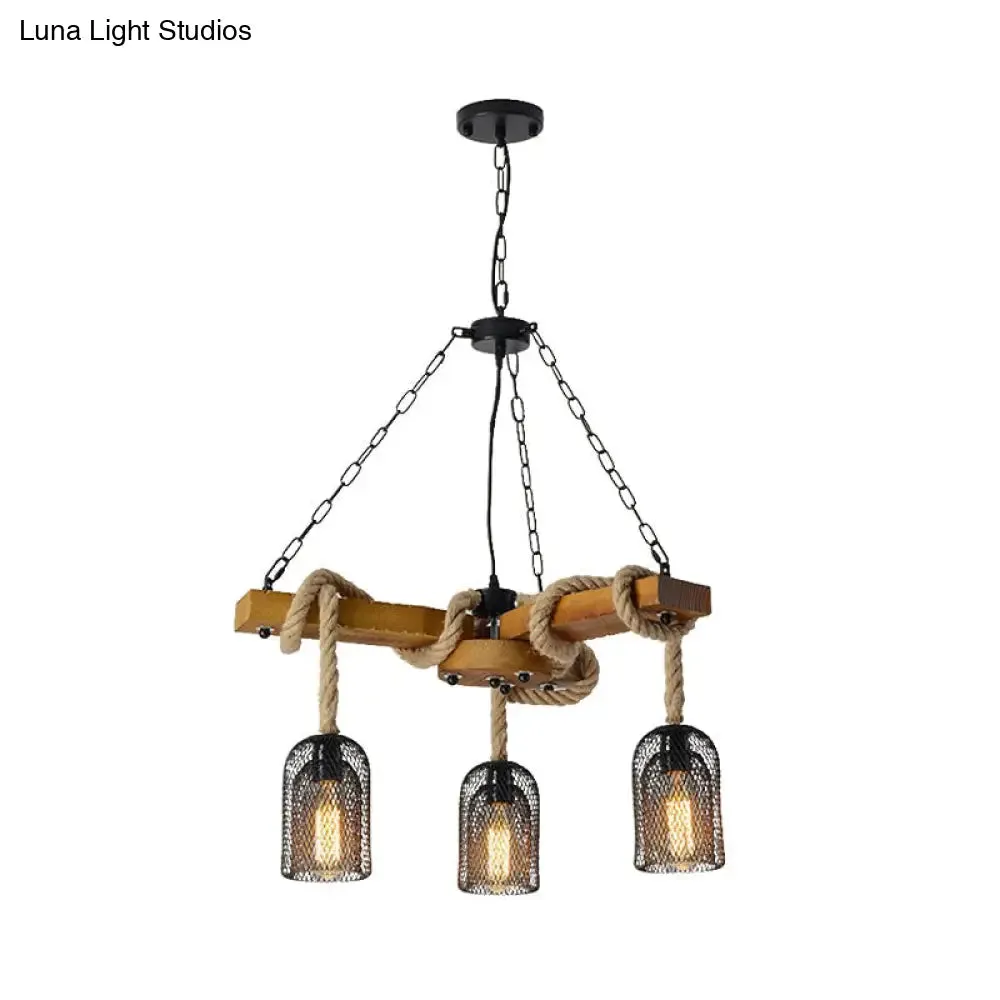 Stylish Lodge Pendant Lighting: Wood and Rope Ceiling Fixture with Wire Mesh, 3/6 Lights, Brown Base