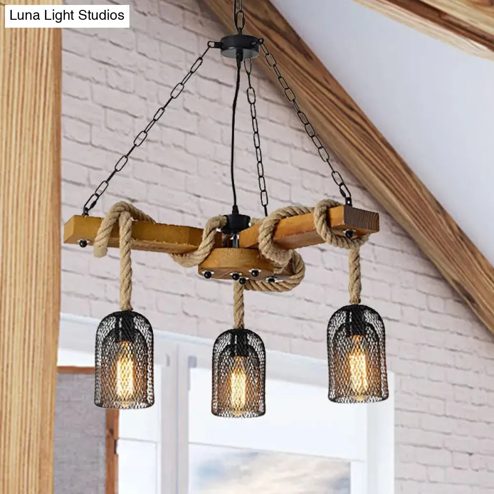 Stylish Lodge Pendant Lighting: Wood and Rope Ceiling Fixture with Wire Mesh, 3/6 Lights, Brown Base