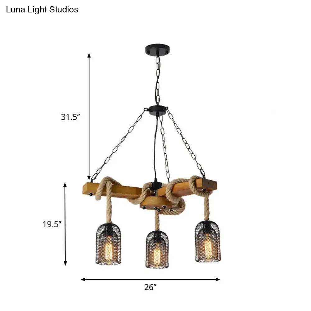 Stylish Lodge Pendant Lighting: Wood and Rope Ceiling Fixture with Wire Mesh, 3/6 Lights, Brown Base