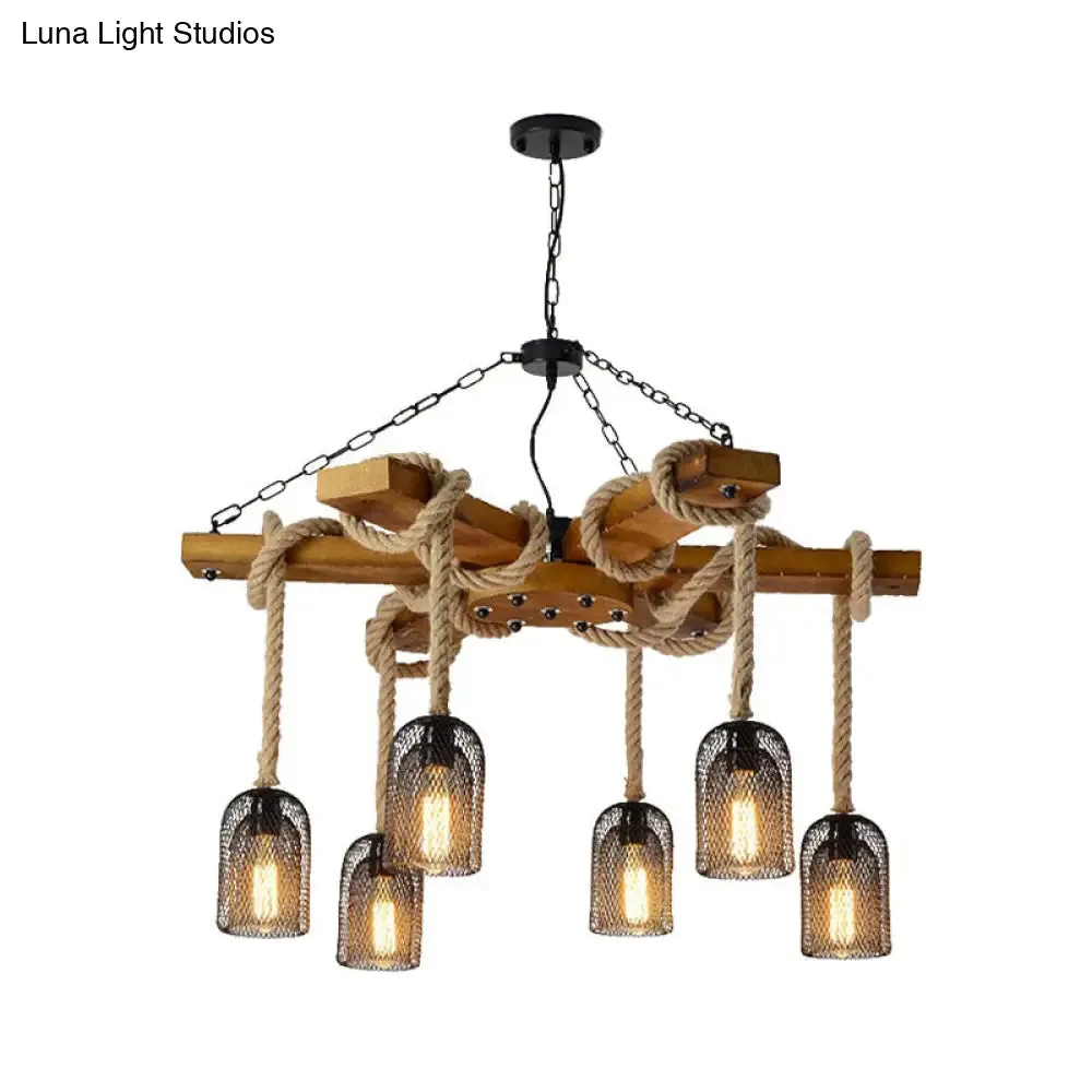 Stylish Lodge Pendant Lighting: Wood and Rope Ceiling Fixture with Wire Mesh, 3/6 Lights, Brown Base