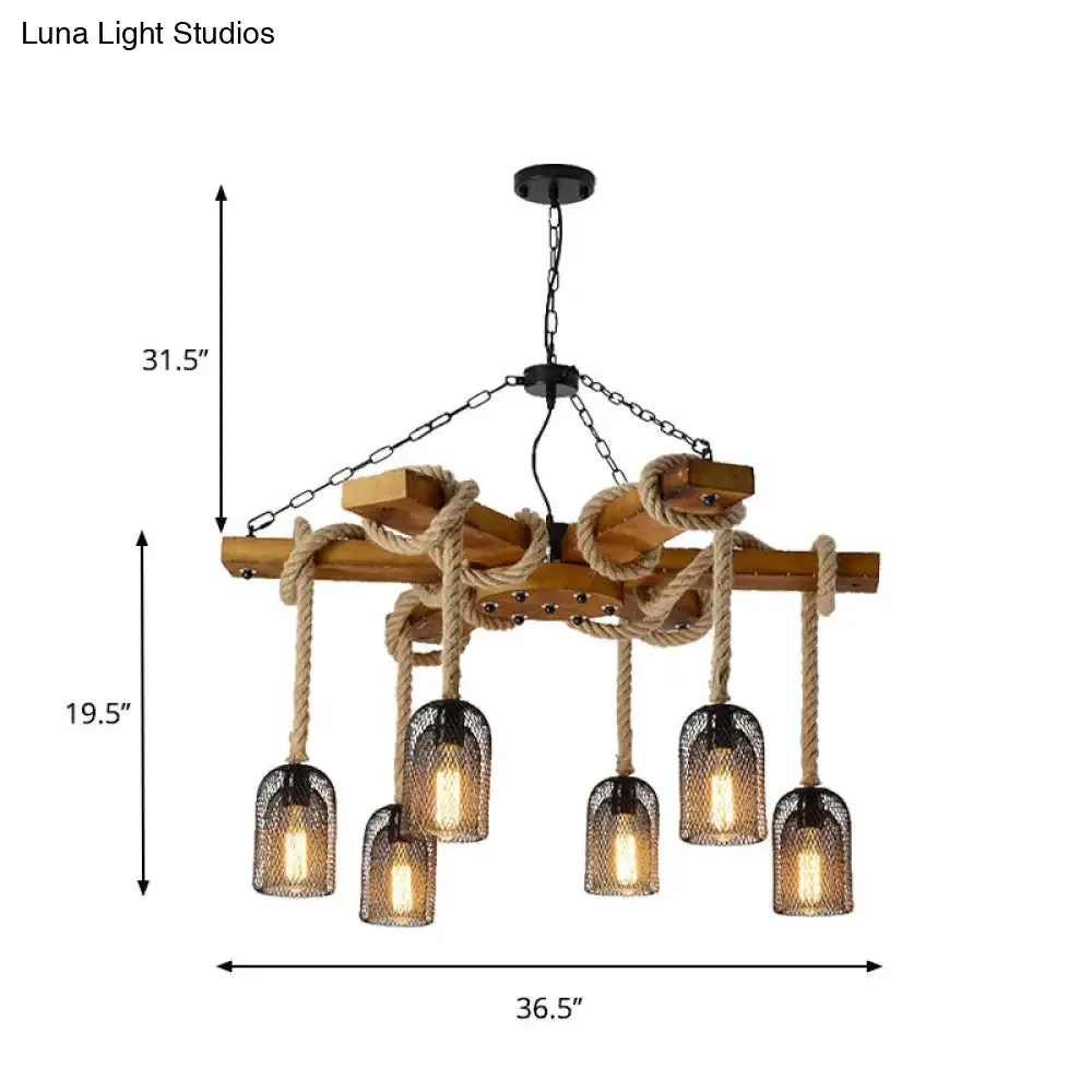 Stylish Lodge Pendant Lighting: Wood and Rope Ceiling Fixture with Wire Mesh, 3/6 Lights, Brown Base