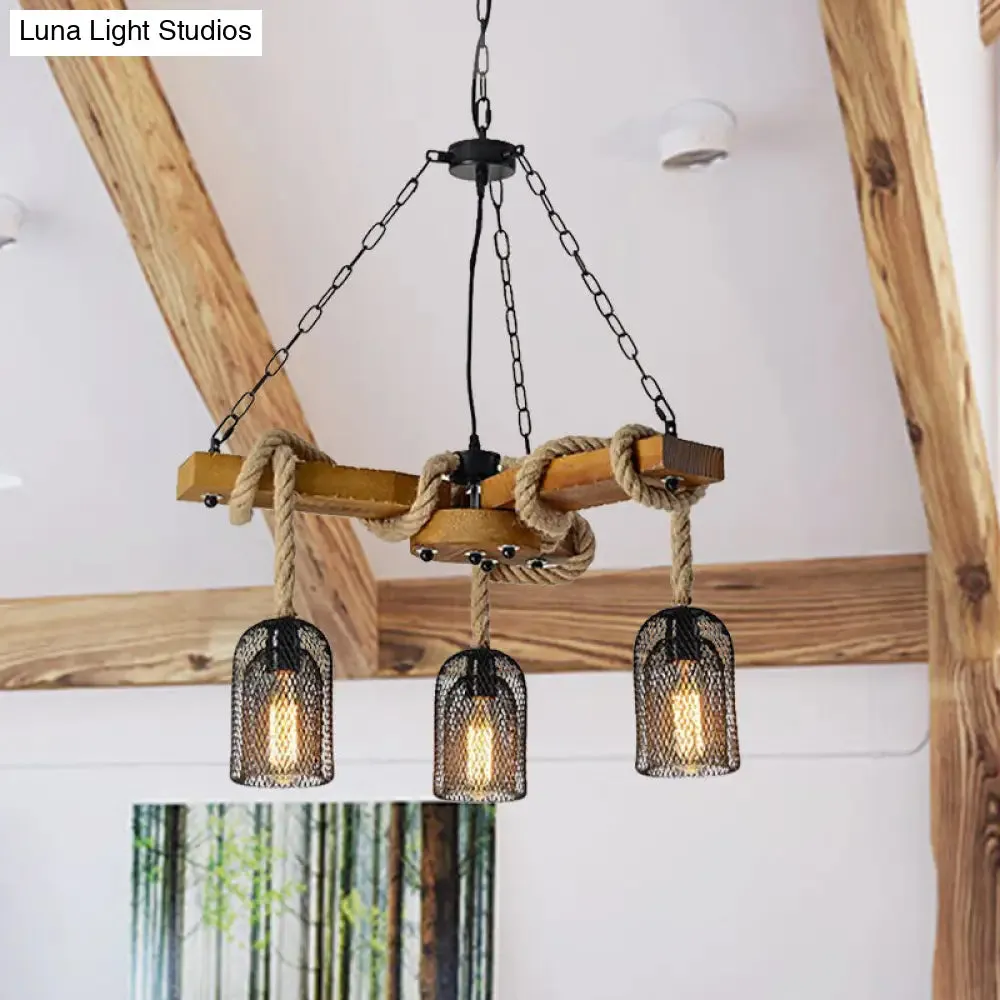 Stylish Lodge Pendant Lighting: Wood and Rope Ceiling Fixture with Wire Mesh, 3/6 Lights, Brown Base