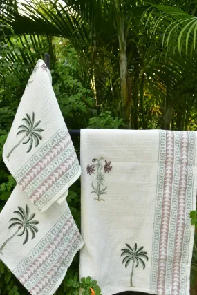 Tropical Oasis: Palm & Flower Hand Block Bath & Hand Towel Set