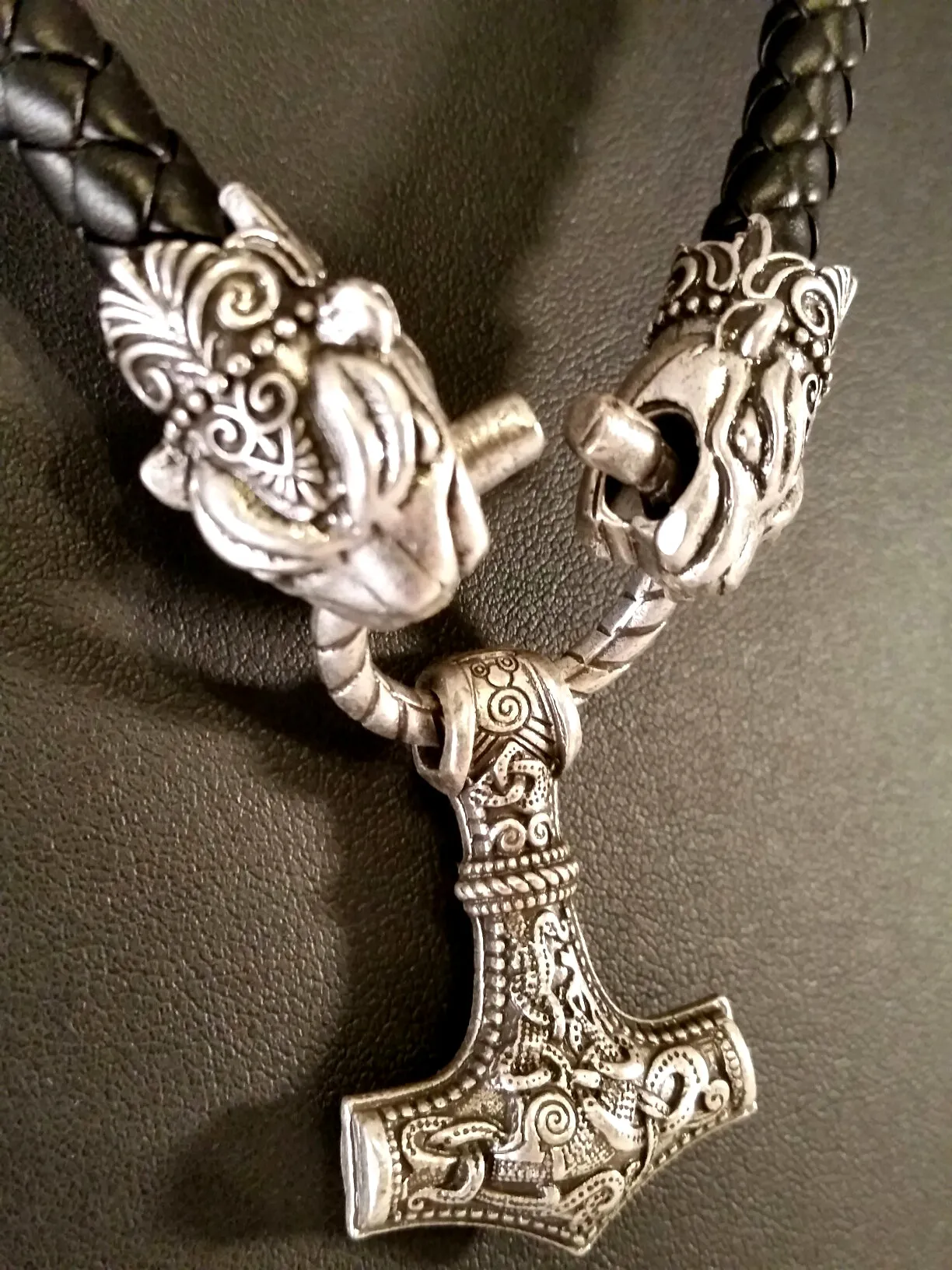 Viking Thor's Hammer Necklace Silver Black Leather Leopard LARP