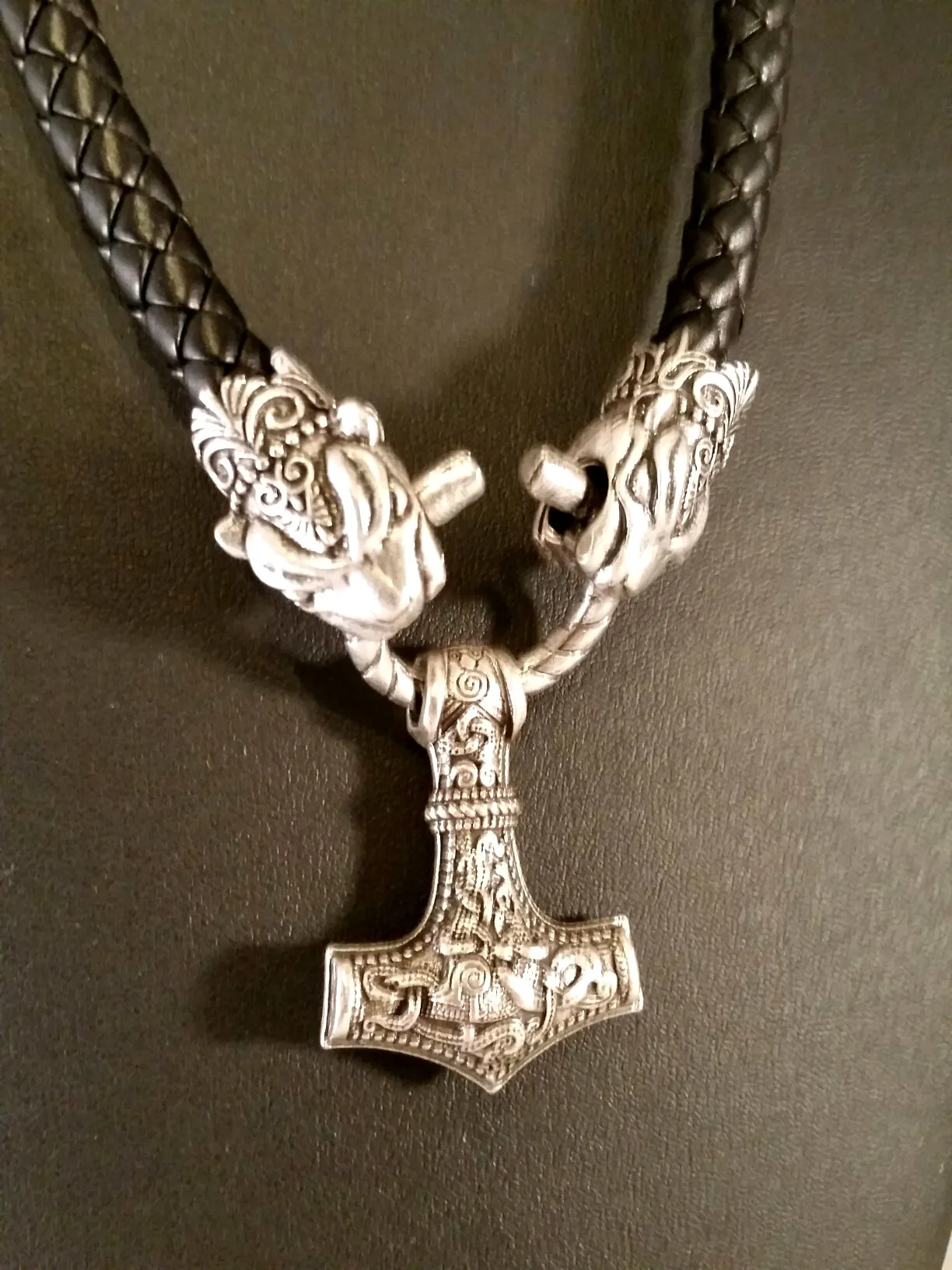 Viking Thor's Hammer Necklace Silver Black Leather Leopard LARP