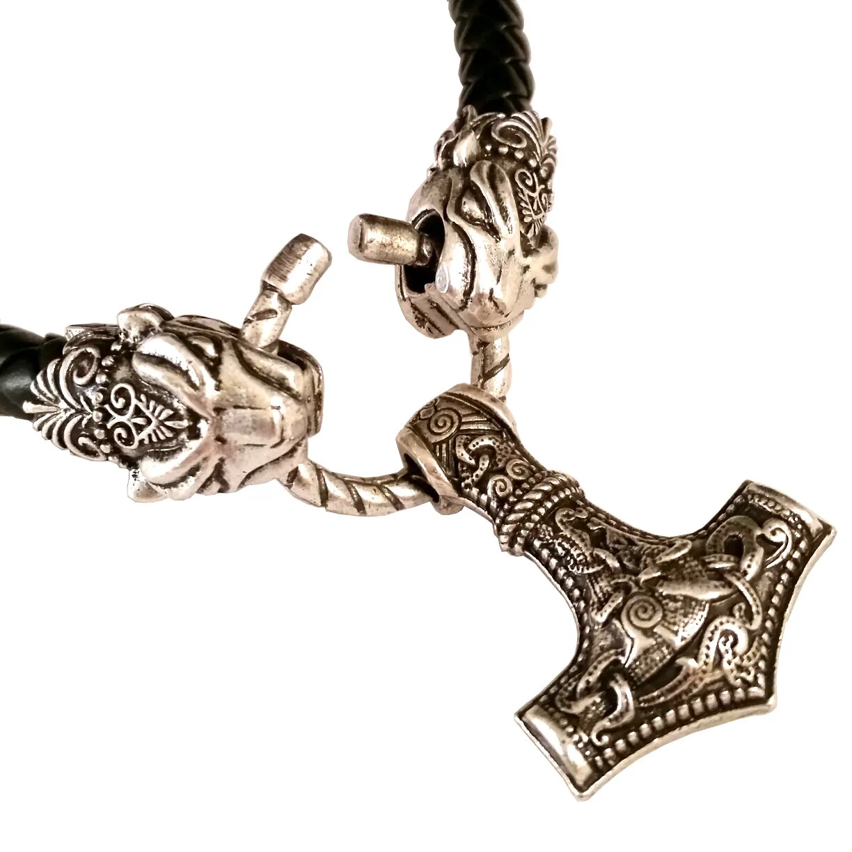 Viking Thor's Hammer Necklace Silver Black Leather Leopard LARP