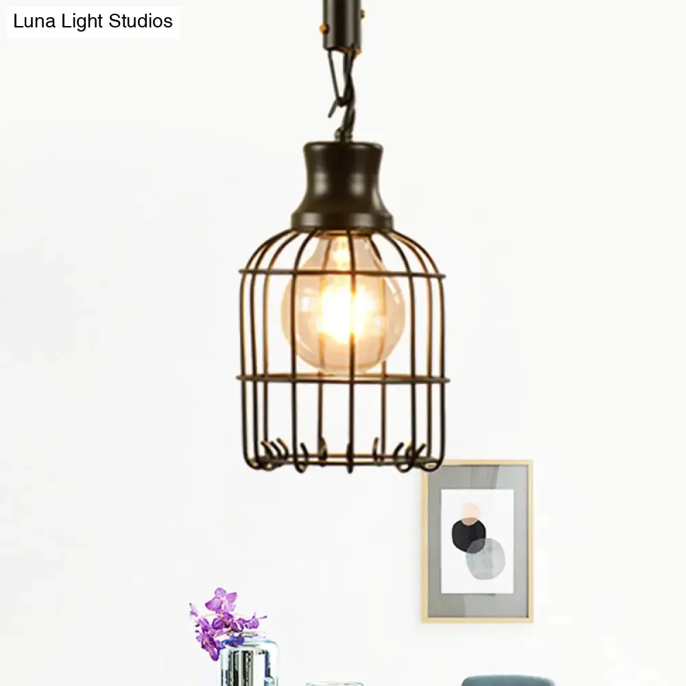 Vintage Style Metal and Rope Pendant Light with Black Wire Cage and Cylinder/Square Shade