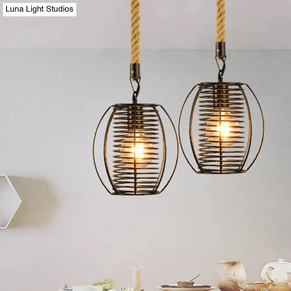 Vintage Style Metal and Rope Pendant Light with Black Wire Cage and Cylinder/Square Shade