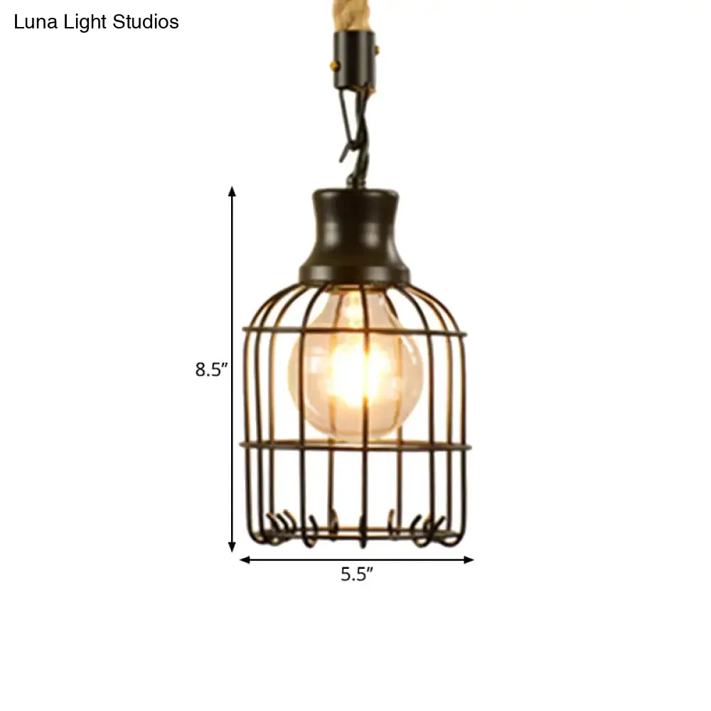 Vintage Style Metal and Rope Pendant Light with Black Wire Cage and Cylinder/Square Shade