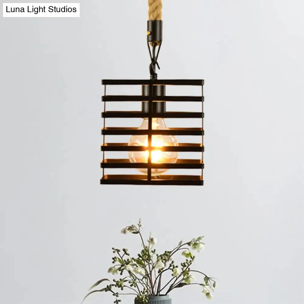 Vintage Style Metal and Rope Pendant Light with Black Wire Cage and Cylinder/Square Shade